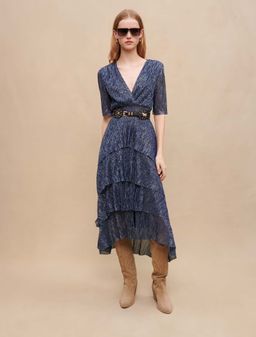 Maje Stretch Lurex Ruffle Midi Dress Size 10 Blue for rent on The Volte - image 1