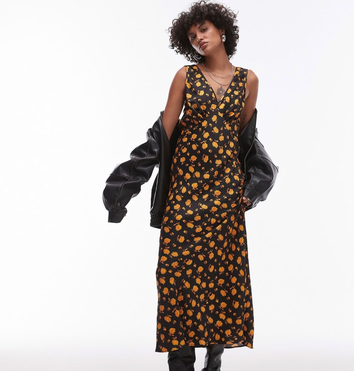 Topshop double V vintage midi slip dress in ditsy orange floral - Image 1