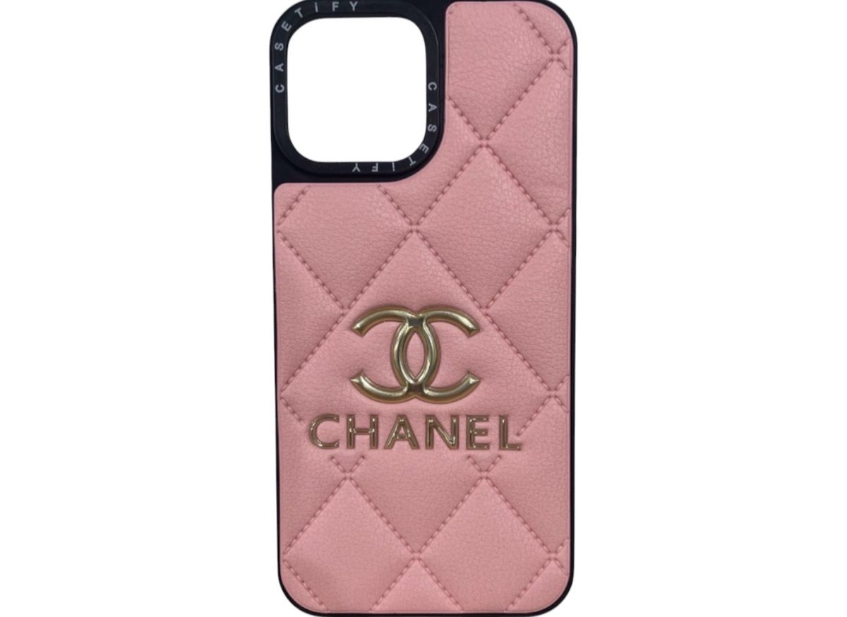 Chanel iPhone 13 Pro Max Quilted Case Gold Logo Pink Black for rent on The Volte - main image