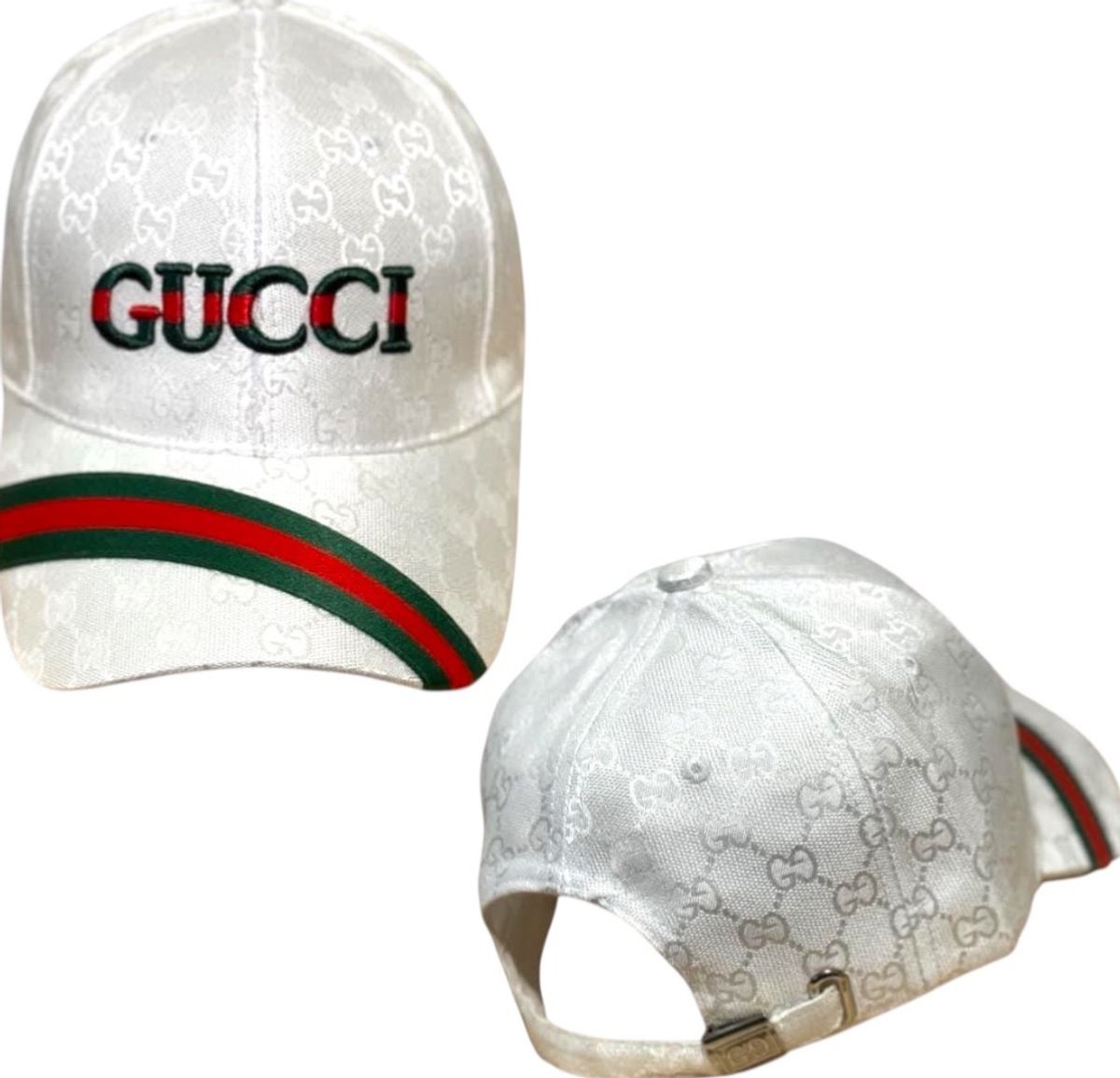Gucci GG Monogram Baseball Cap White Red Green Stripe - Image 2
