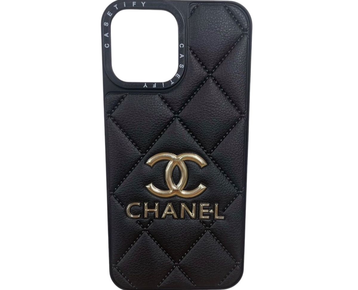 Chanel Quilted Black Phone Case Gold Logo - Image 1