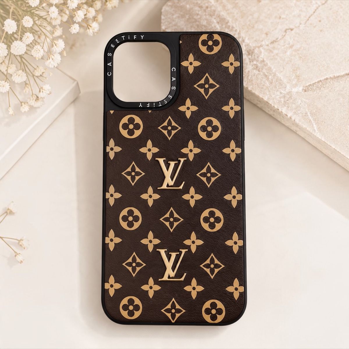 iPhone 13 Pro Max Louis Vuitton Monogram Phone Case – Brown & Gold with Black LV logo | Brand New - Image 1