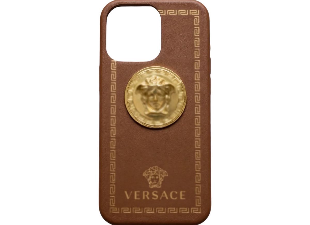 Versace iPhone 14 Pro Max Case Medusa Gold Greek Key Brown - Image 1