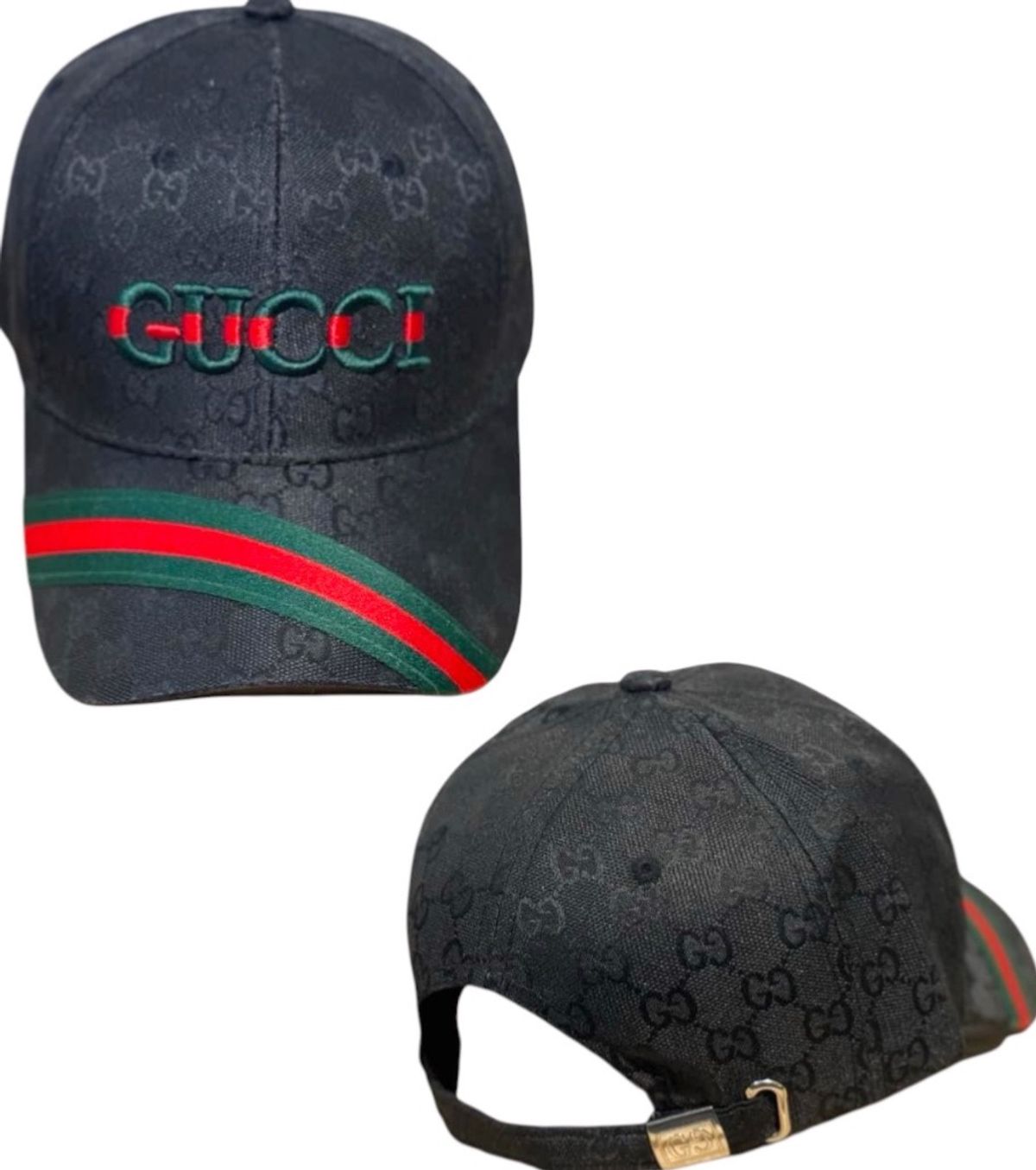 Gucci GG Monogram Baseball Cap Black Red Green Stripe - Image 1