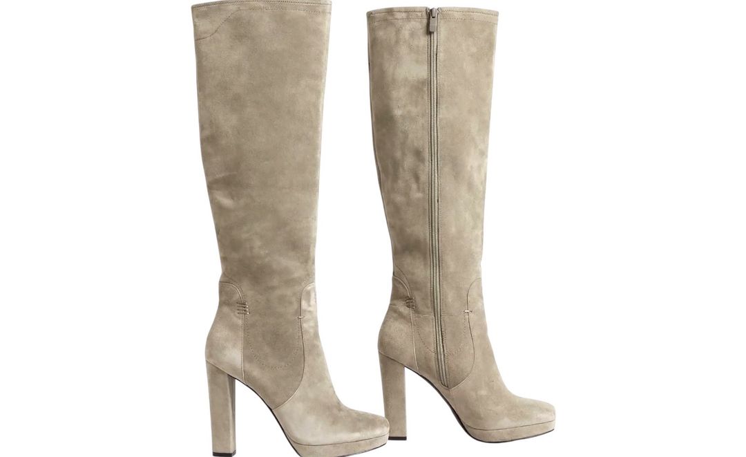 Mascotte Taupe Beige Suede Knee-High Platform Block Heel Boots Size UK 7.5 🤎 Mascotte Suede-Textured Knee-High Boots 🤎 for rent on The Volte - main image