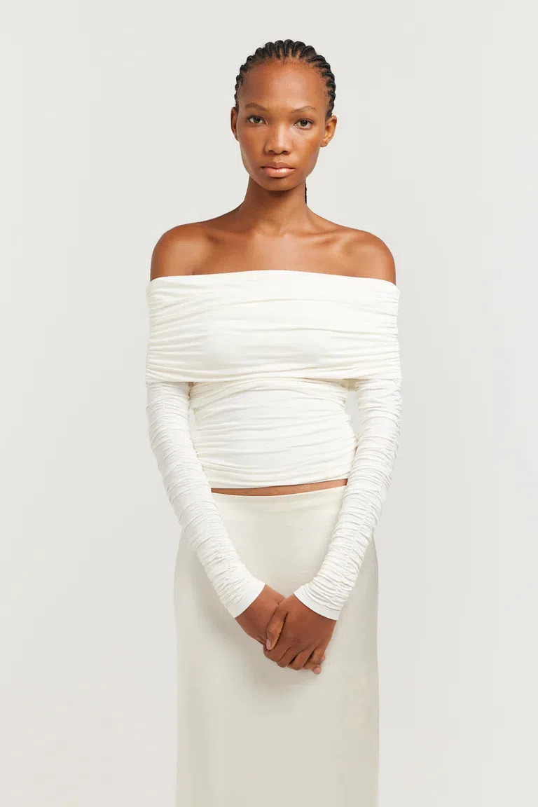 Henne Long Sleeve Ruched Off The Shoulder Top White Over The