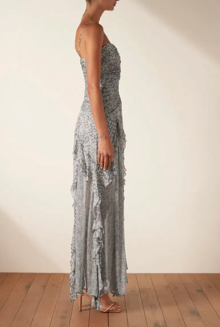 shona joy candice ruched frill dress Shona Joy Candice Ruched Frill Dress in Blue Smoke & Cream