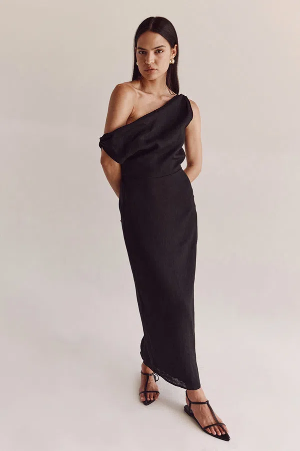 Dissh Cass Black Linen Asym Midi Dress Size 12 | The Volte