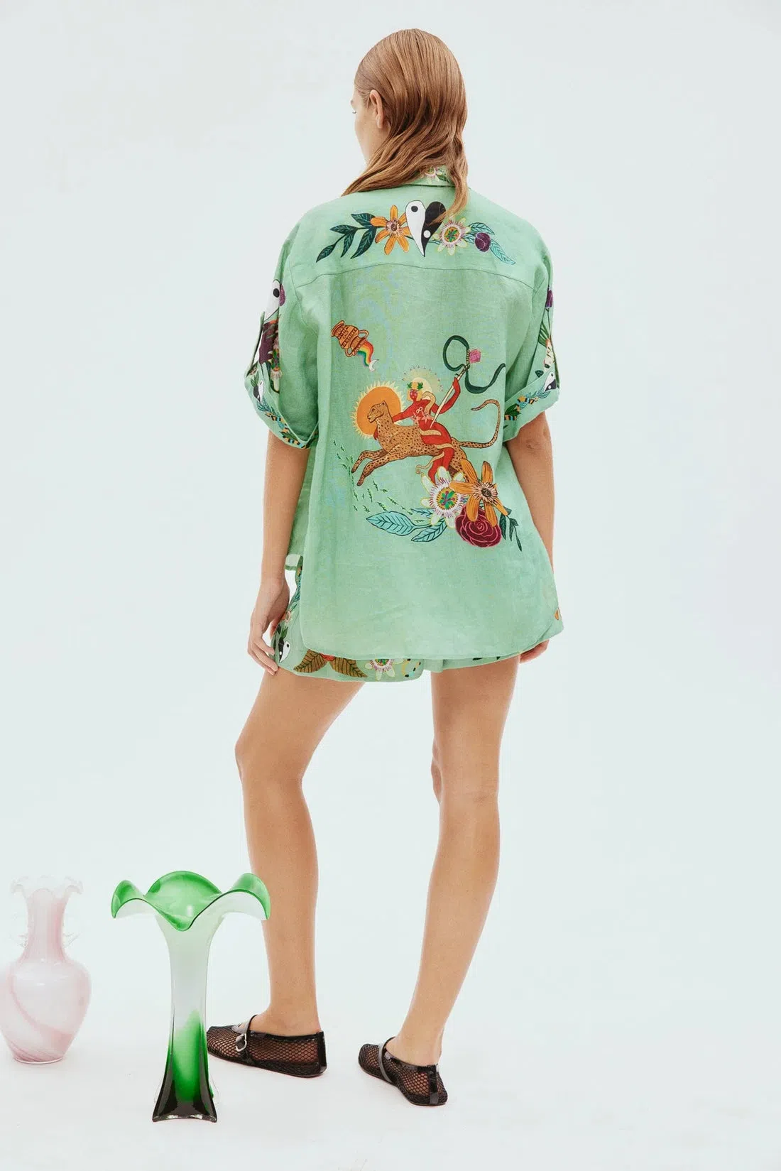 Alemais Meagan Linen Shirt & Short Set Green Multi Size 6-8