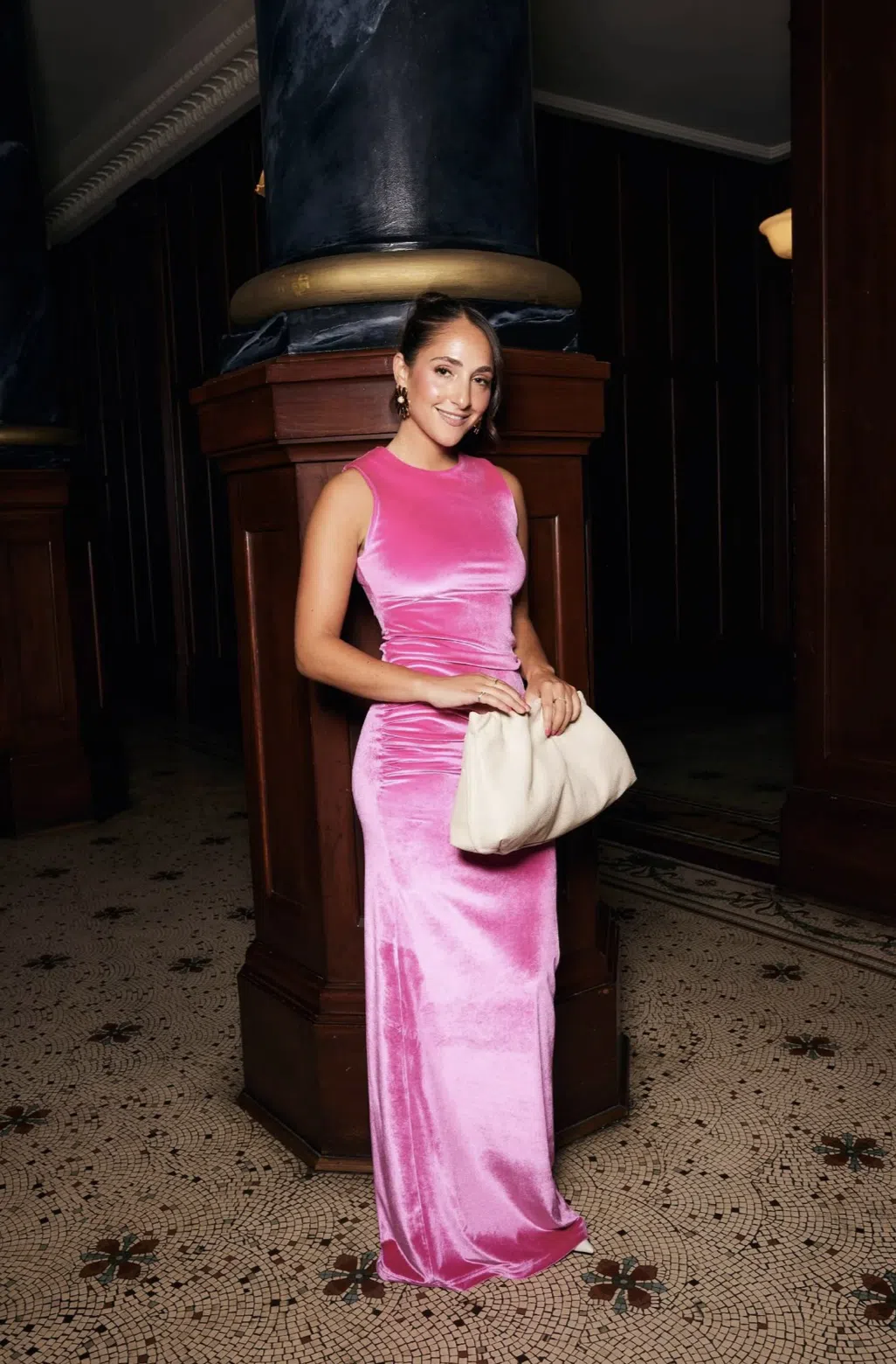 With Harper Lu Ruched Velour Maxi Dress Fuchsia Size M AU 10