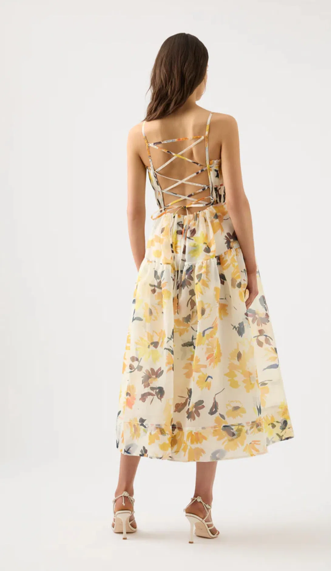 Aje Botanica Cross Back Midi Dress Pressed Sunflowers Size 10 | The Volte