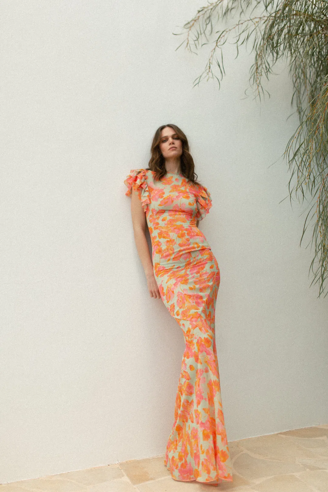 fitted lace wedding dress BOUGAINVILLEA CHIFFON MAXI DRESS IN FEATHER PRINT – DE LA VALI OFFICIAL