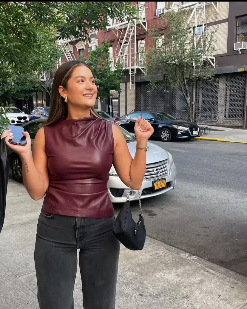 House of CB Allegra Vegan Leather Asymmetric Top Wine Size S AU