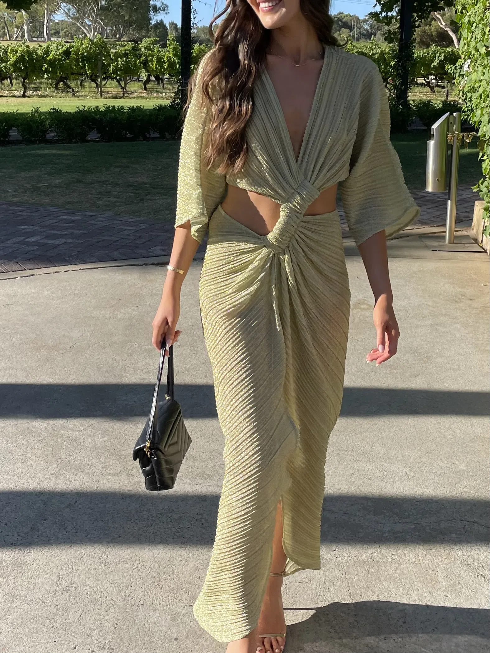 green emerald velvet dress Suboo Stevie Cross Over Midi Dress in Gold, Size XS