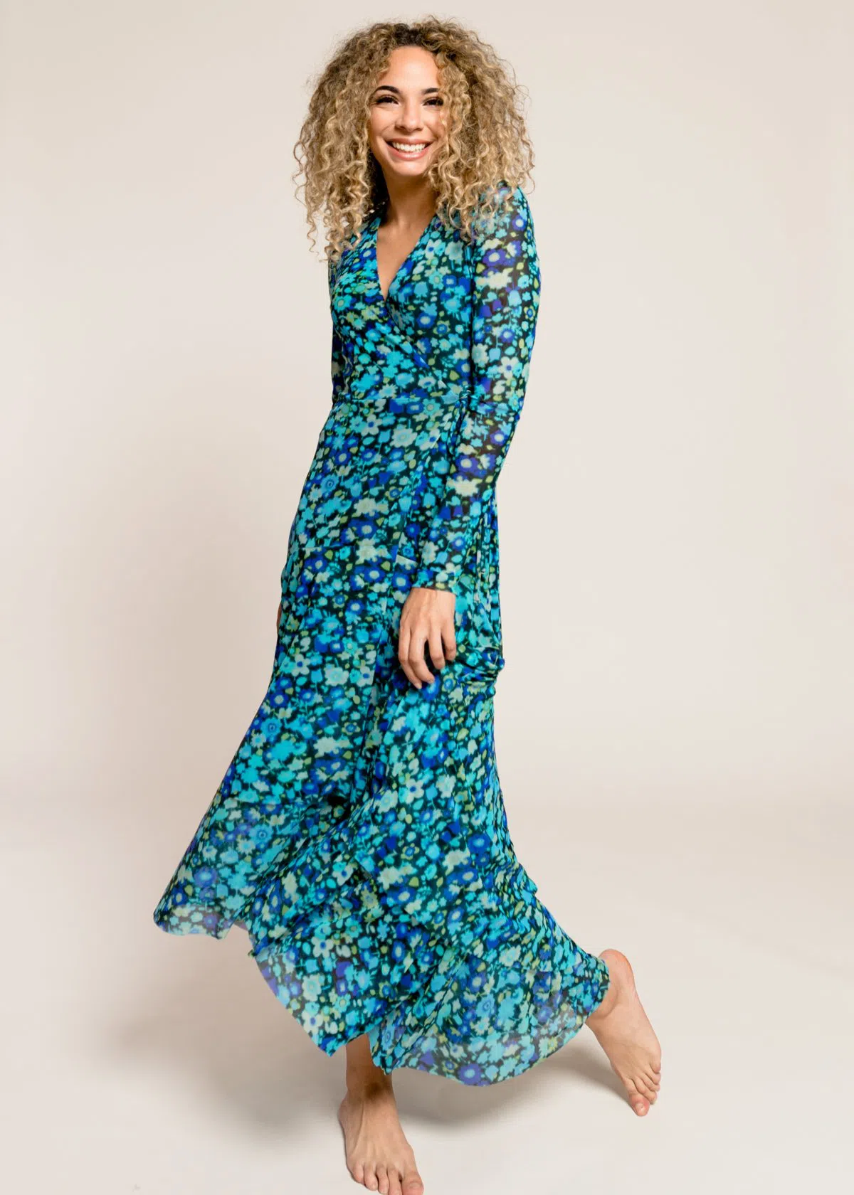 Ganni Floral Print Mesh Wrap Dress Turquoise Floral Print Size 38/ Au 10 |  The Volte