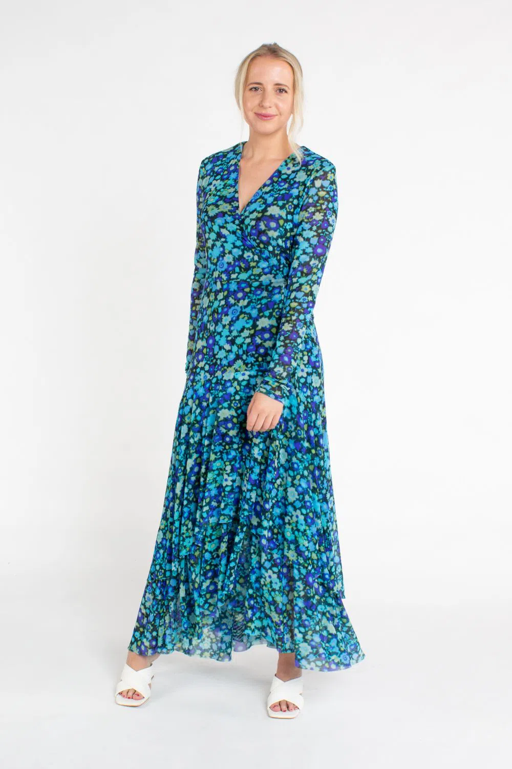Ganni Floral Print Mesh Wrap Dress Turquoise Floral Print Size 38/ Au 10 |  The Volte