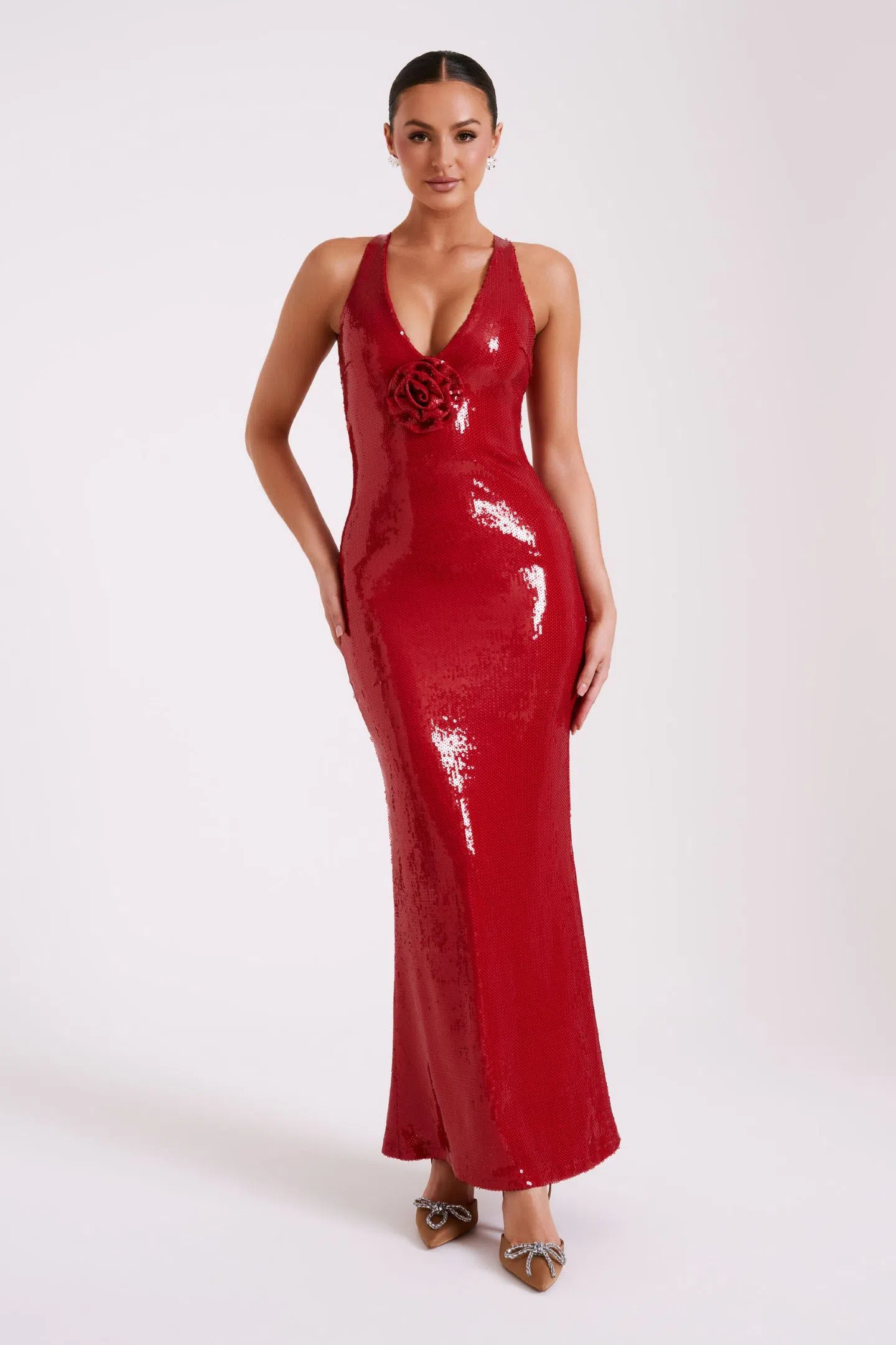 slim fit dress slacks Sofia Long Sleeve Sequin Maxi Dress / White | Meshki main image 1