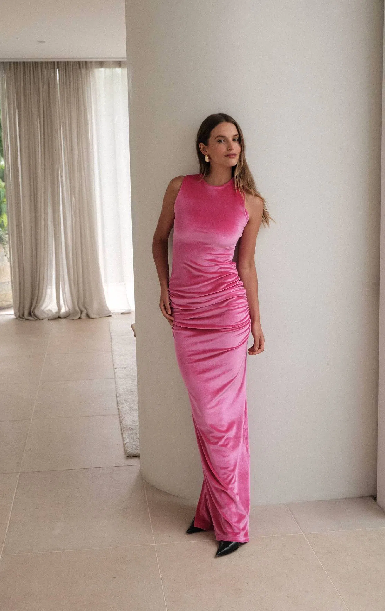 Harper Lu Pink Ruched Maxi Dress With Harper Lu Ruched Velour Maxi