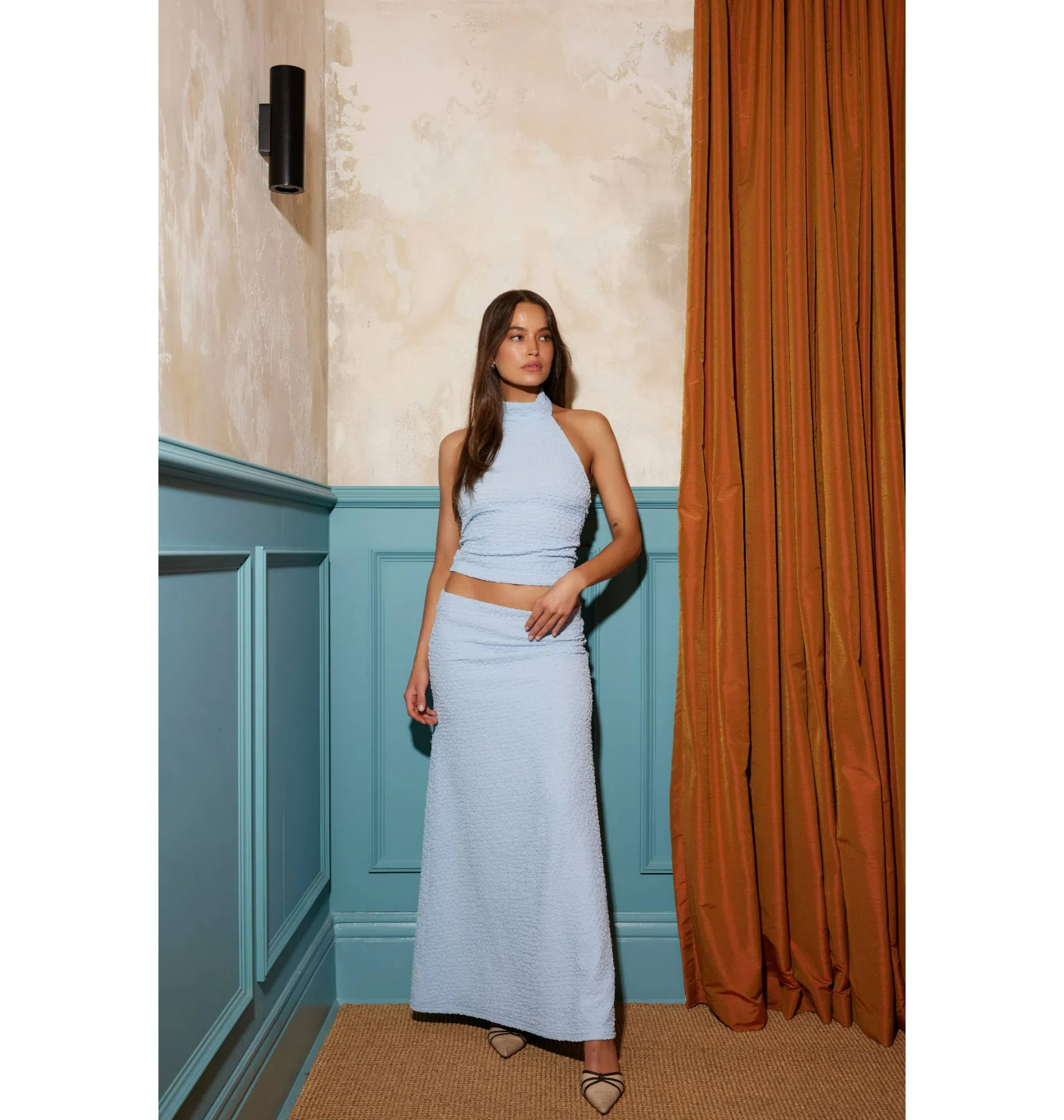 With Harper Lu Textured Halter Top & Textured Maxi Skirt Set in