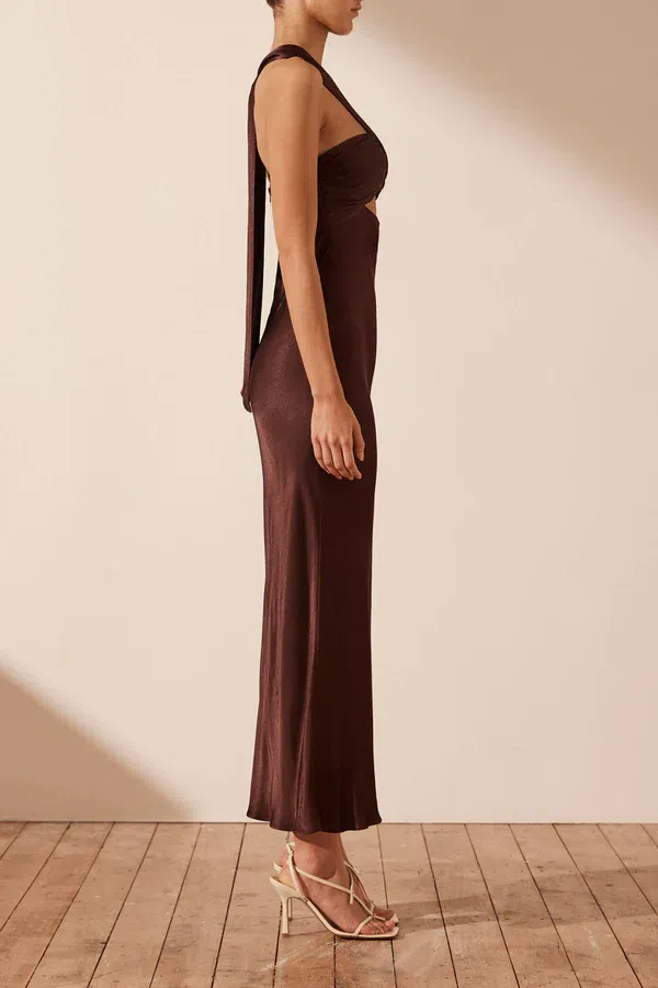 Shona Joy Lana Ruched Halter Midi Dress in Cocoa Size 14 | The Volte