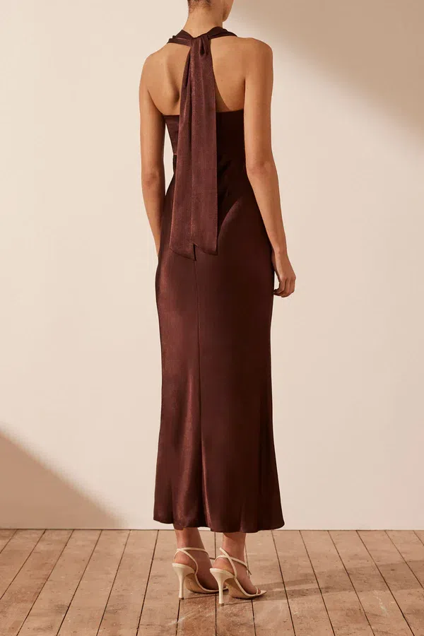 Shona Joy Lana Ruched Halter Midi Dress in Cocoa Size 14 | The Volte Shona Joy Lana Ruched Halter Midi Dress in Cocoa Size 14 | The Volte