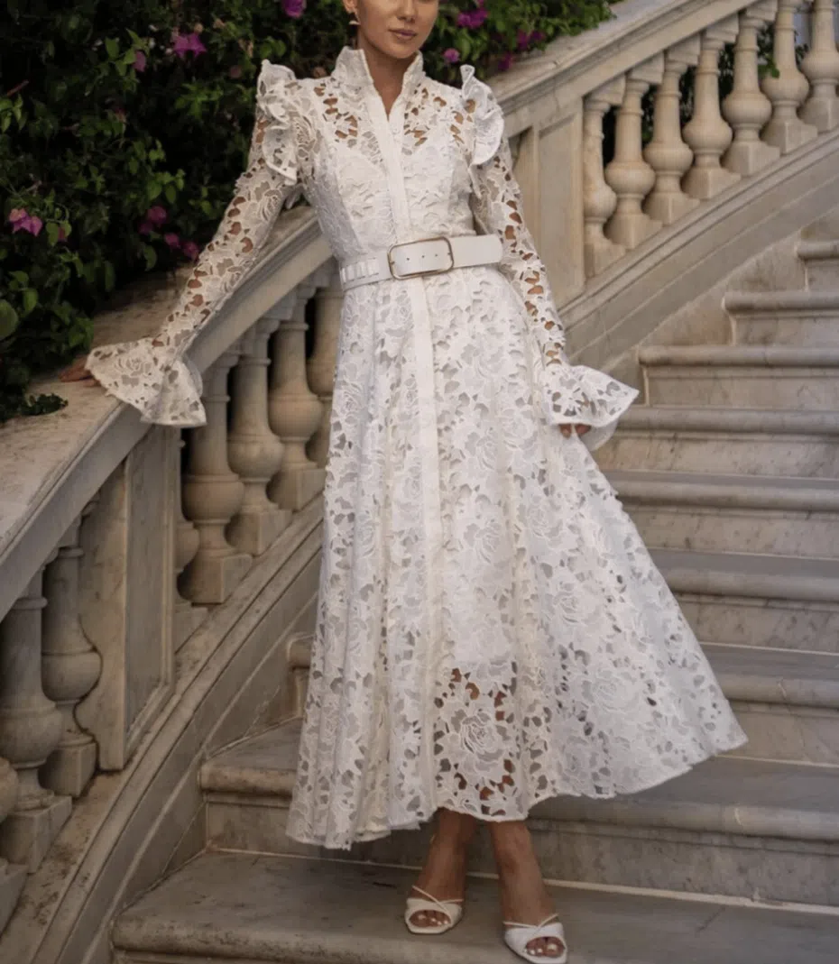 Leo Lin Aliyah Lace Butterfly Sleeve Midi Dress Snow Size 10 | The Volte