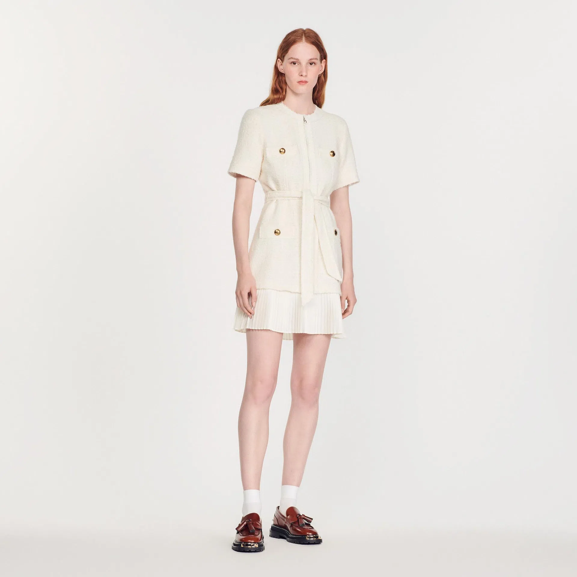 Sandro Tweed Pleated Trim Mini Dress in Ecru Size 34 FR / 6 AU | The Volte