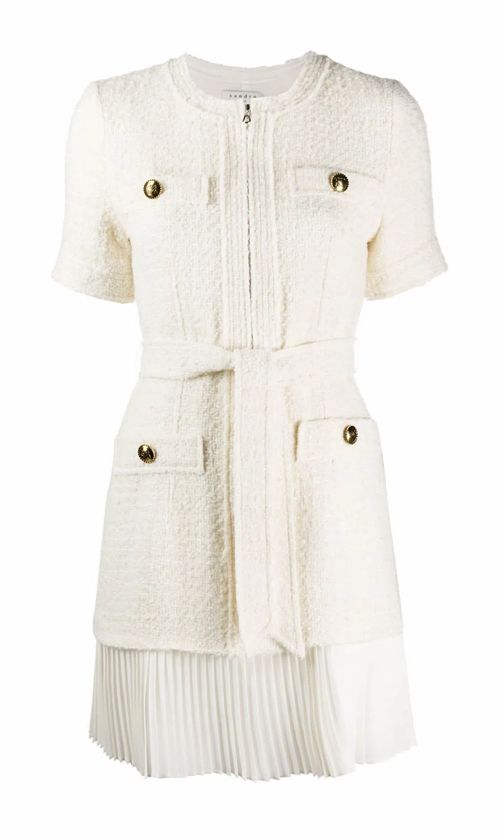 Sandro Tweed Pleated Trim Mini Dress in Ecru Size 34 FR / 6 AU | The Volte