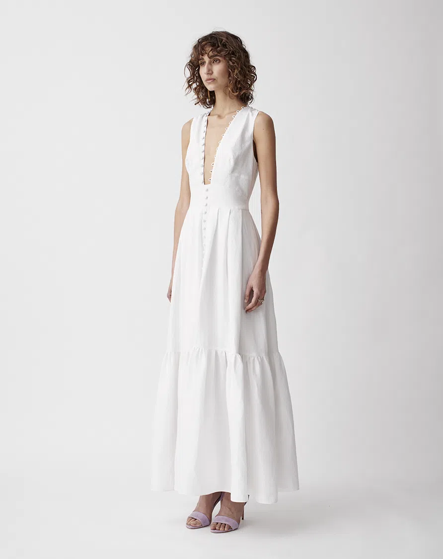 v neck a line wedding dresses A Line White Deep V Neck Wedding Dress with Lace main image 1