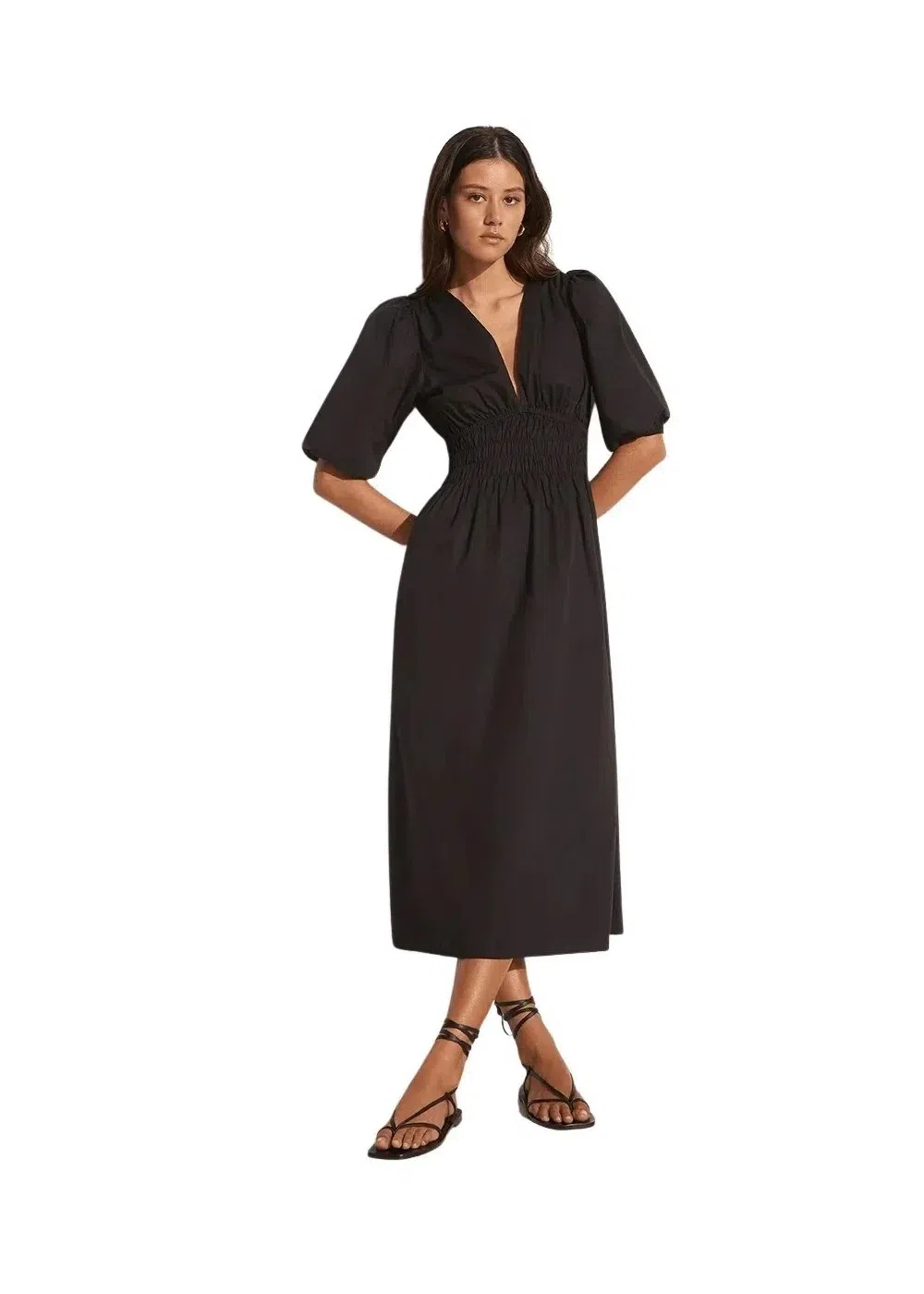 knee length dresses for ladies AMATA TIE UP FRONT SHORT FLARE SLEEVE SHIRRED MIDI DRESS