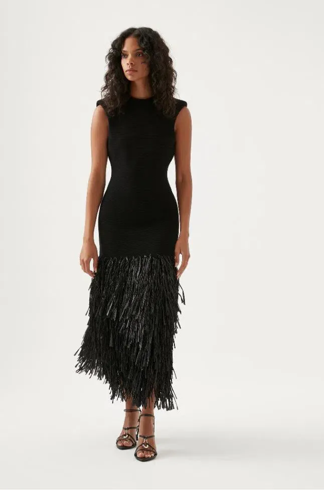 aje black raffia dress Rushes Knit Midi Size XXS Measurements from size XS SUMMERW25-1 ASOS US 8 black Color:Fuchsia Purple