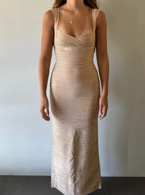Herve Leger Sweetheart Banded Foil Gown Gold in Size XS/ AU 6 | The Volte