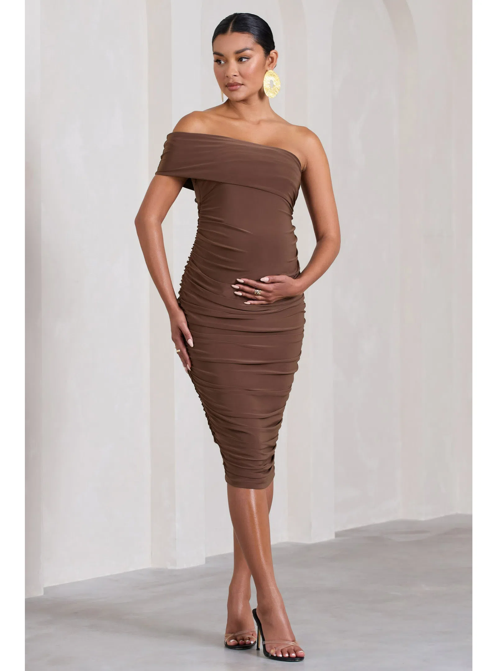 Club L London Remember Me Maternity One Shoulder Midi Dress Chocolate