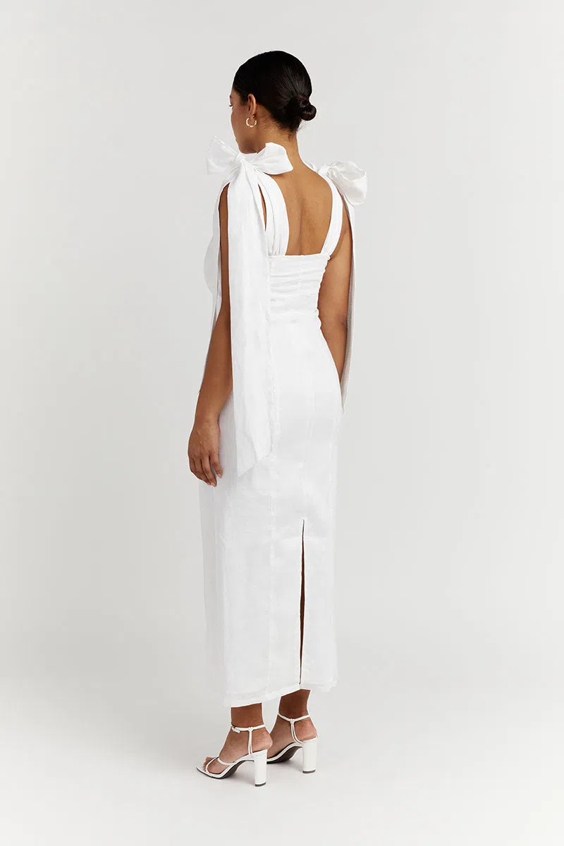 knee length dresses for ladies Aisle White Linen Bow Back Dress