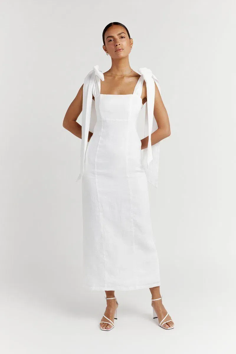 Dissh Dissh Aisle Linen Bow Midi Dress White Size 12 | The Volte