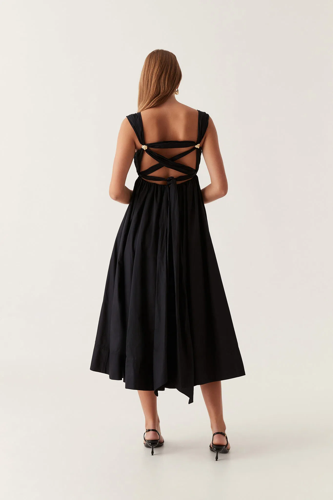 strapless open back dress Sleekly Stunning Tie-Back Midi Dress