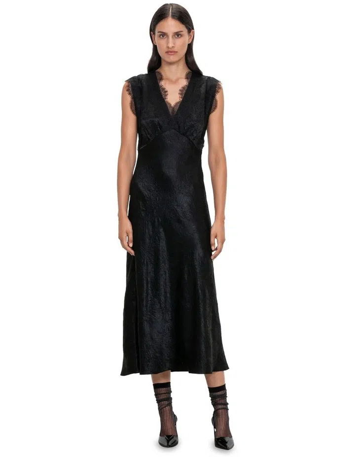 Veronika Maine Crushed Satin Lace Dress Black Size 8 | The Volte