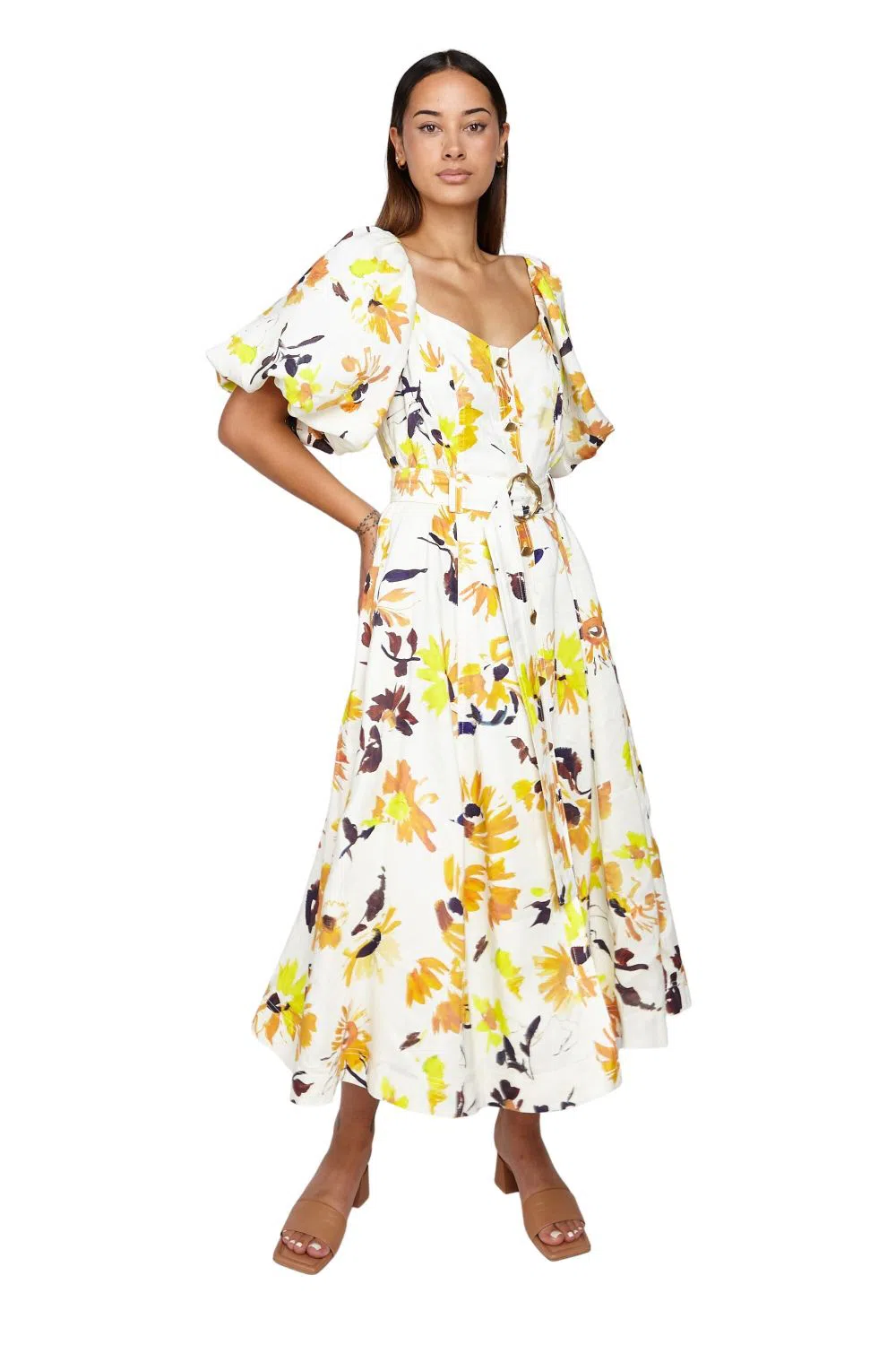 Aje Soleil Belted Midi Dress Pressed Sunflowers Size L / AU 12 | The Volte