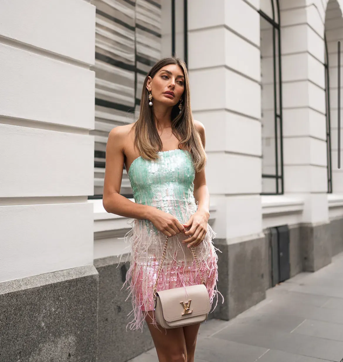 retrofete anastasia sequin feather dress Retrofete - Anastasia Sequin Feather Dress - Turquoise