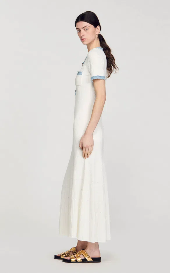 Sandro Knit and Denim Midi Dress White Size 8 | The Volte
