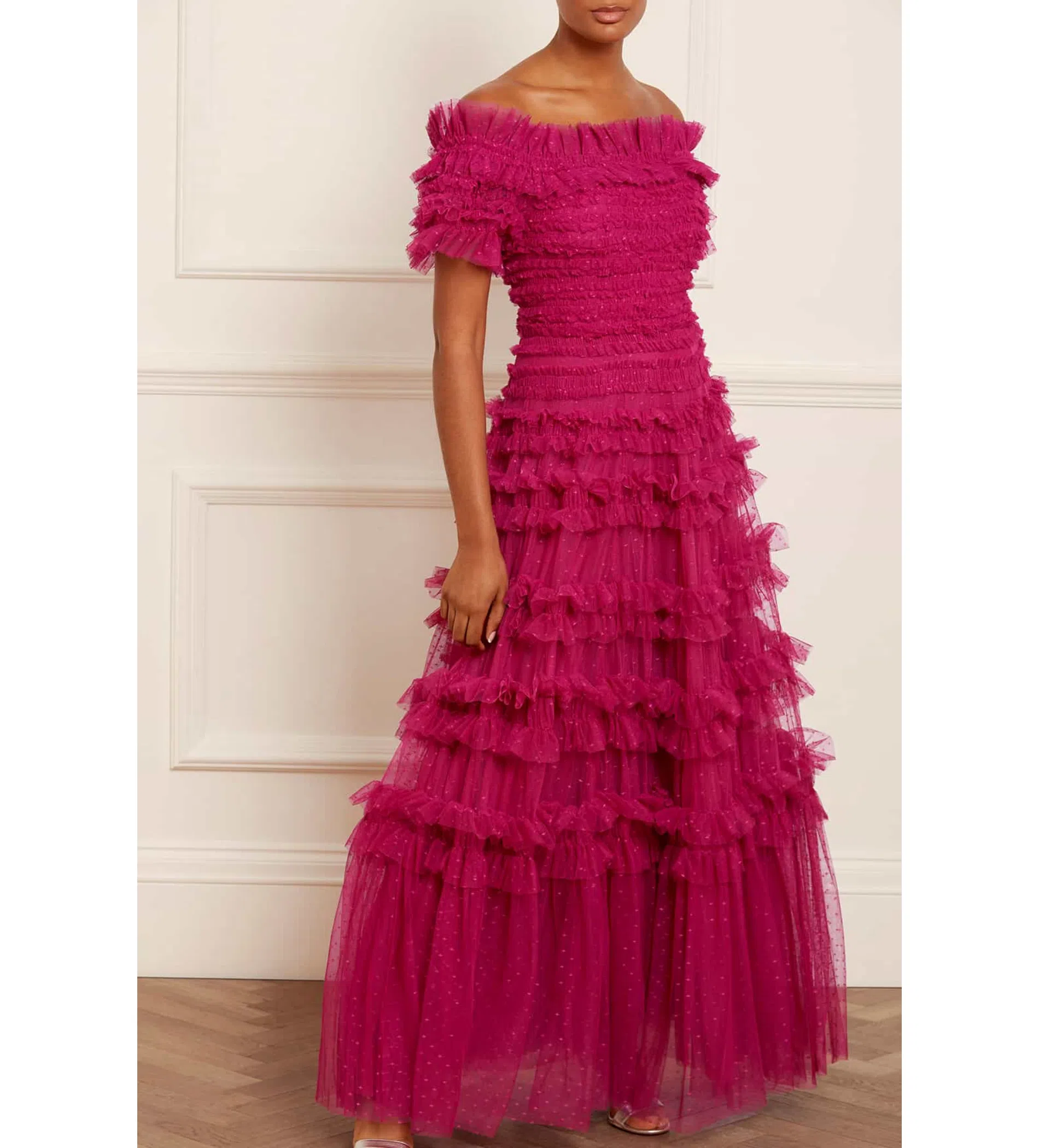1310713 Fuschia Off-Shoulder Strap Ruffle Dress