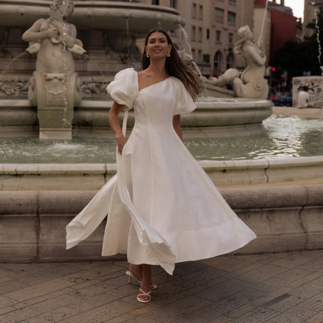 Aje Arista Asymmetrical Tulip Sleeve Midi Dress Ivory Size 8