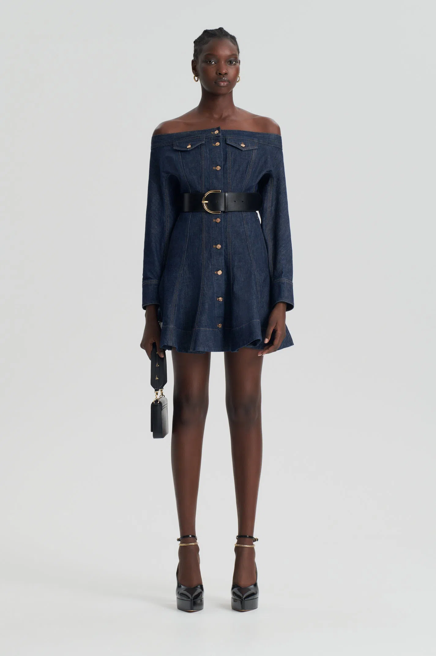 Scanlan Theodore Denim Skater Off Shoulder Mini Dress Indigo Size 8 | The  Volte
