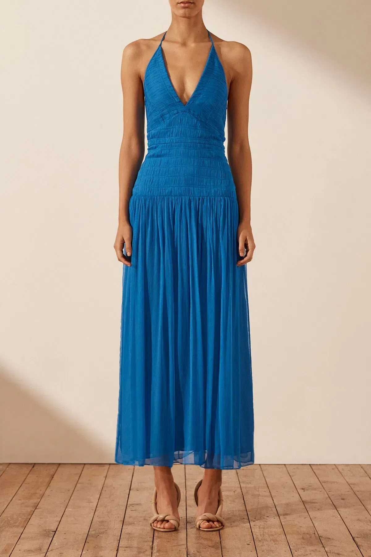 joy blue dress Shona Joy - La Lune Ruched Halter Maxi Dress - Iceberg Blue main image 0