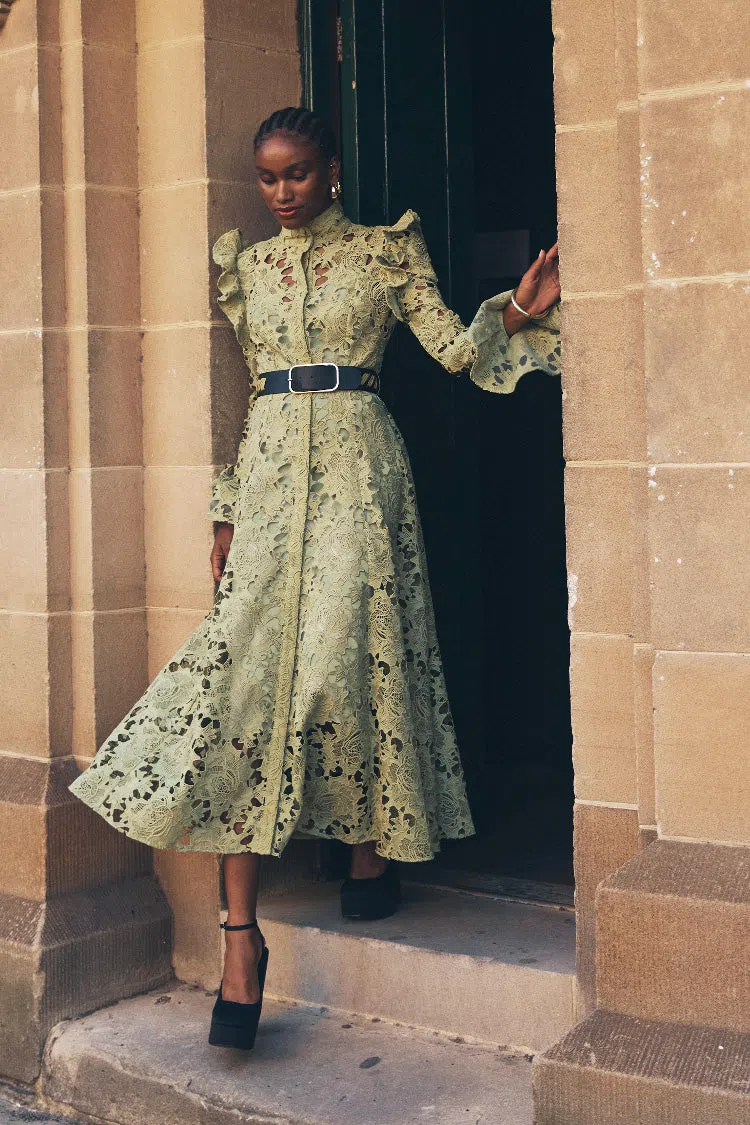Leo Lin Aliyah Lace Butterfly Sleeve Midi Dress Olive Size 8 | The Volte