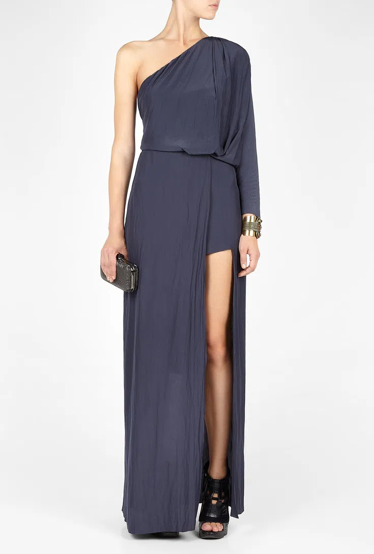 Acne Studios Emile One Shoulder Draped Maxi Silk Dress Dark Blue Size