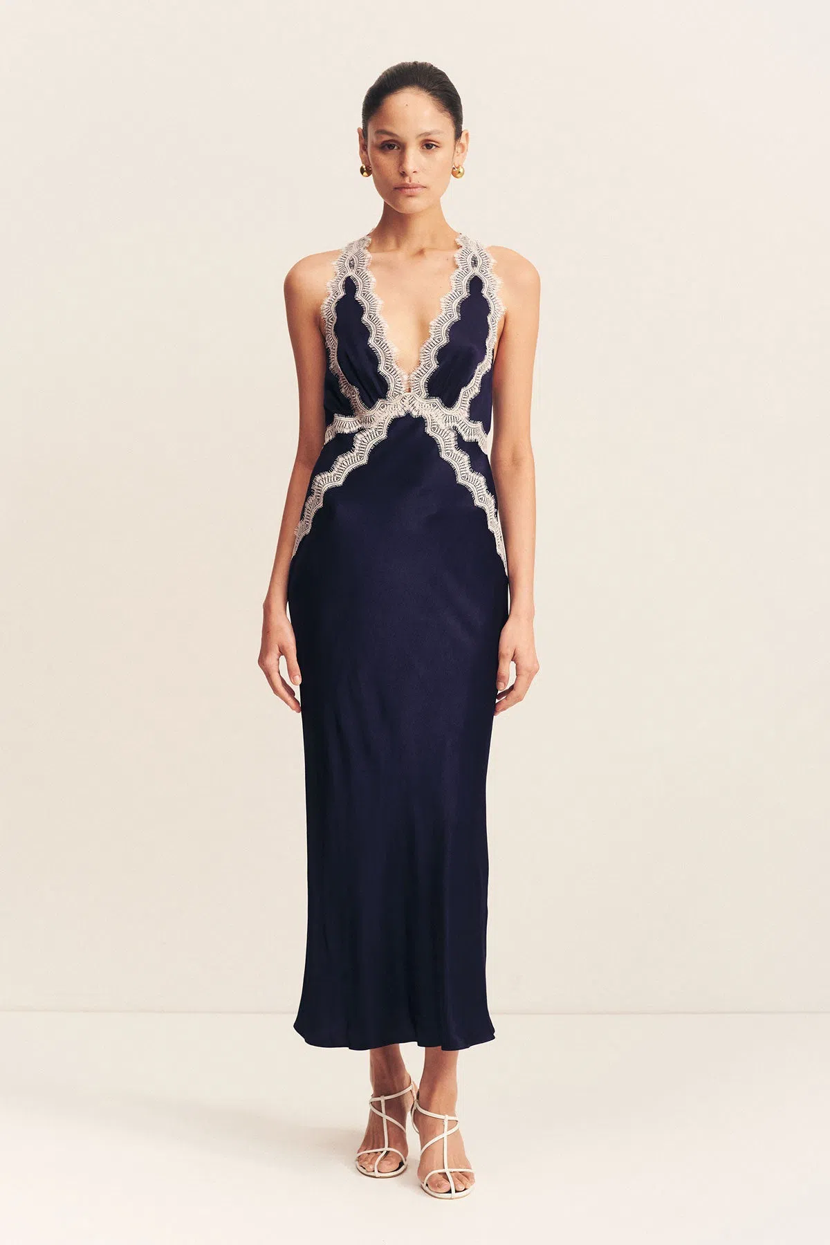 Shona Joy Camille Lace Cross Back Midi Dress in Deep Midnight/Ivory Size 6  | The Volte