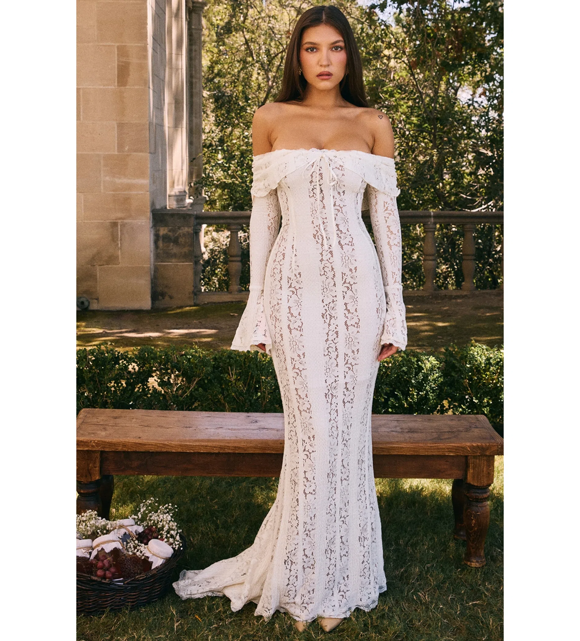 House of CB Belle Lace Off Shoulder Maxi Dress Vintage Cream Flora Size XS/Au 6 | The Volte House of CB Belle Lace Off Shoulder Maxi Dress Vintage Cream Flora Size XS/Au 6 | The Volte
