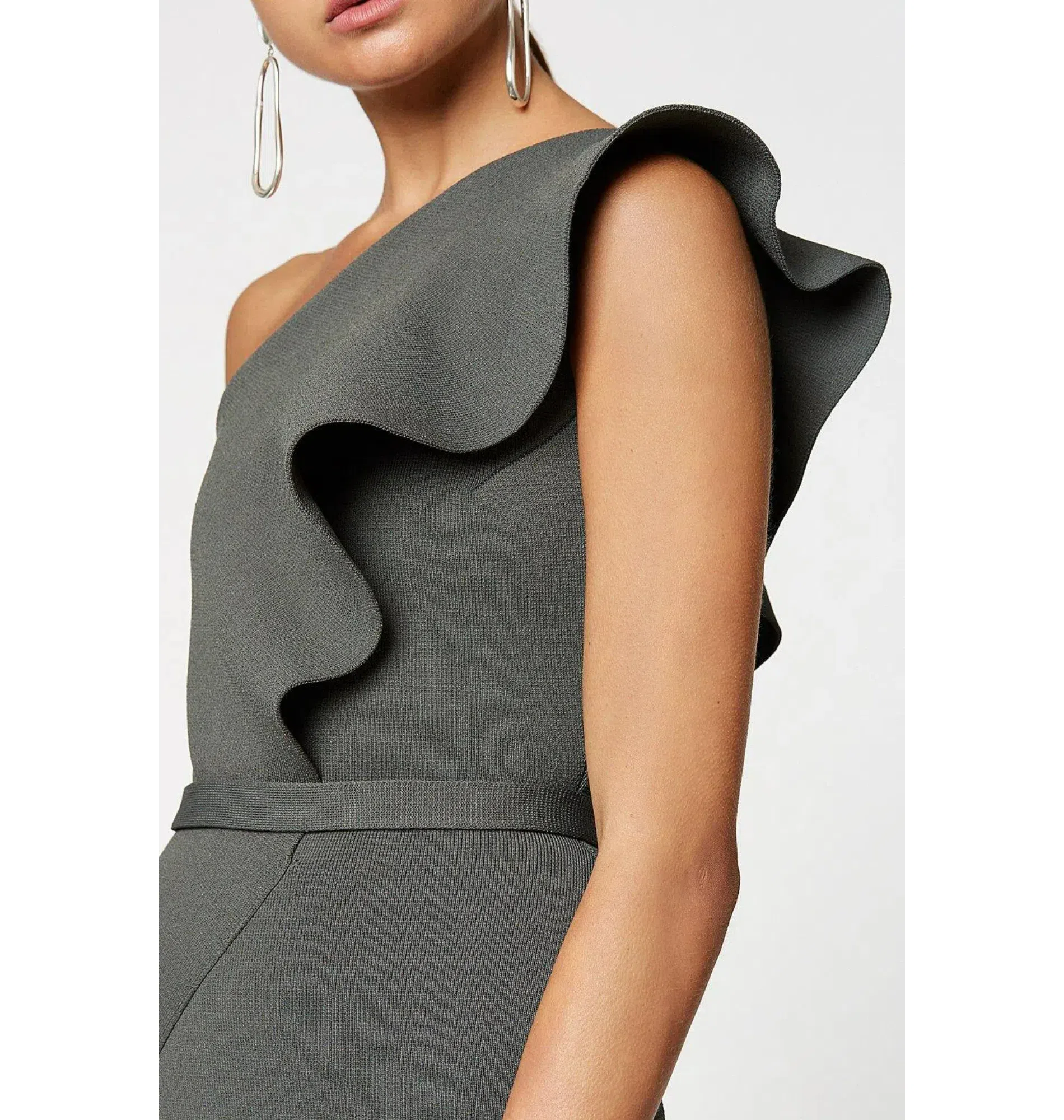 Scanlan Theodore Crepe Knit One Shoulder Ruffle Midi Dress Khaki Size XS / AU 6 | The Volte Scanlan Theodore Crepe Knit One Shoulder Ruffle Midi Dress Khaki Size XS / AU 6 | The Volte