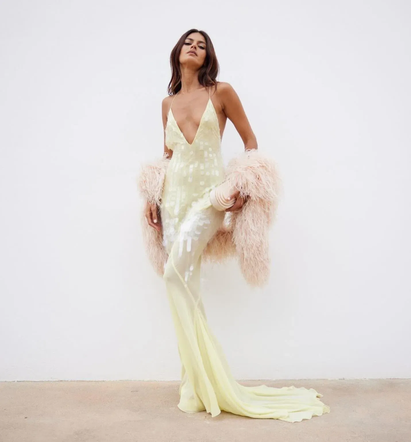 soft yellow dress Yellow Sleek Satin V-Neck Dress For Prom With Beading And Lace-Up Back